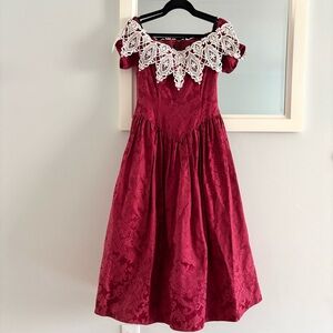 Scott McClintock Dress Red Lace Trim Off Shoulder Dress Vintage 8 = S Small?